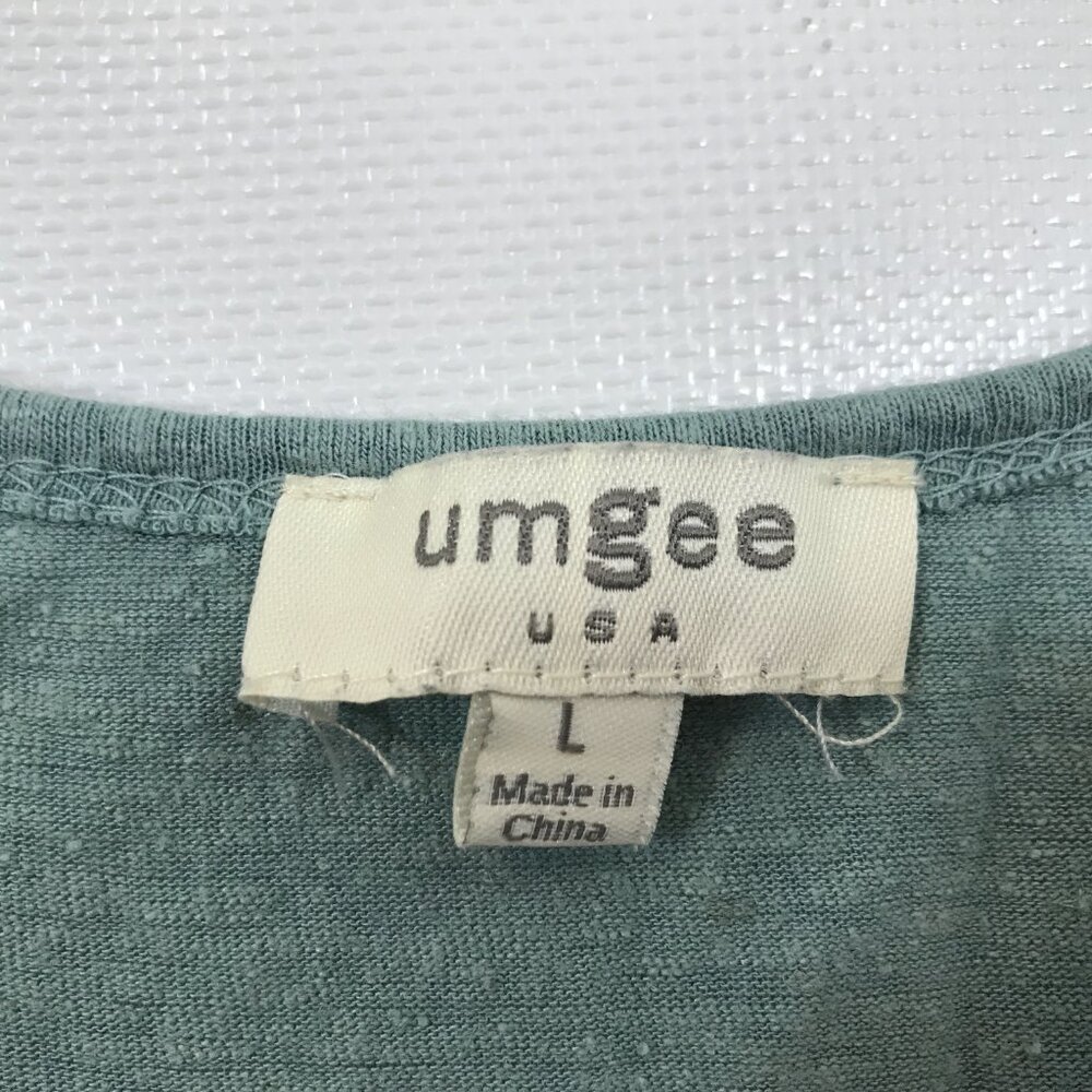 Umgee Linen Blend Scoop Neck Casual Top Leopard Print Sleeves Green L - Picture 6 of 6